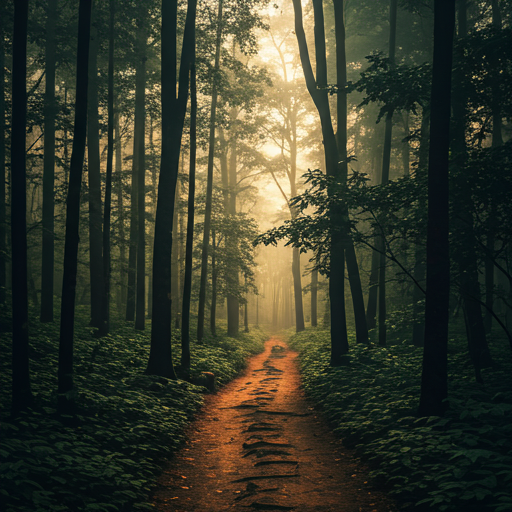 Misty ancient forest at dusk
