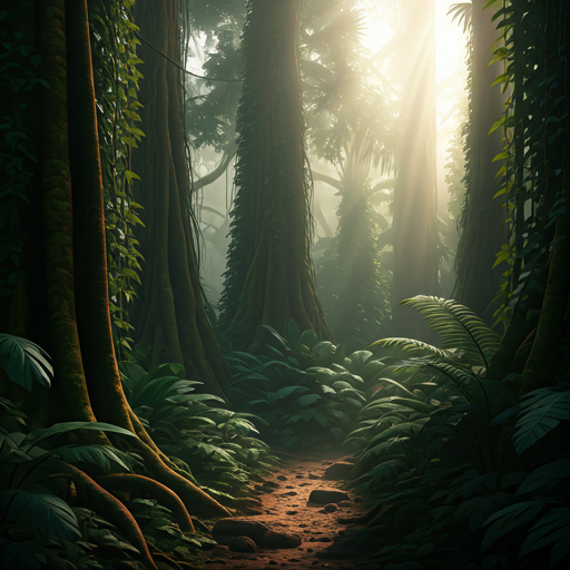 Misty ancient jungle canopy at dawn
