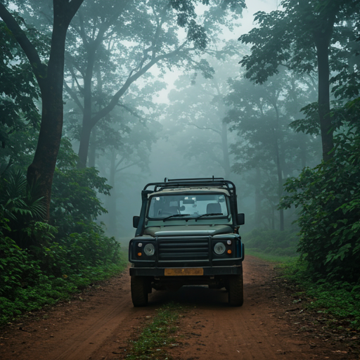 Safari vehicle in misty Bandipur jungle
