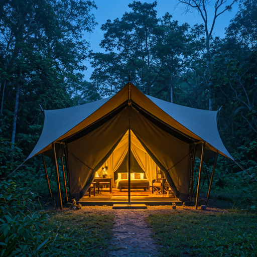 Luxury safari tent at twilight